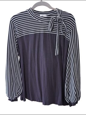 Striped Nautical Navy and White Tie Neck Accent Long Sleeve Blouse - In'Voland